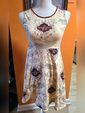 Handmade Marauder's Map Themed Skater Dress in Cream and Maroon
